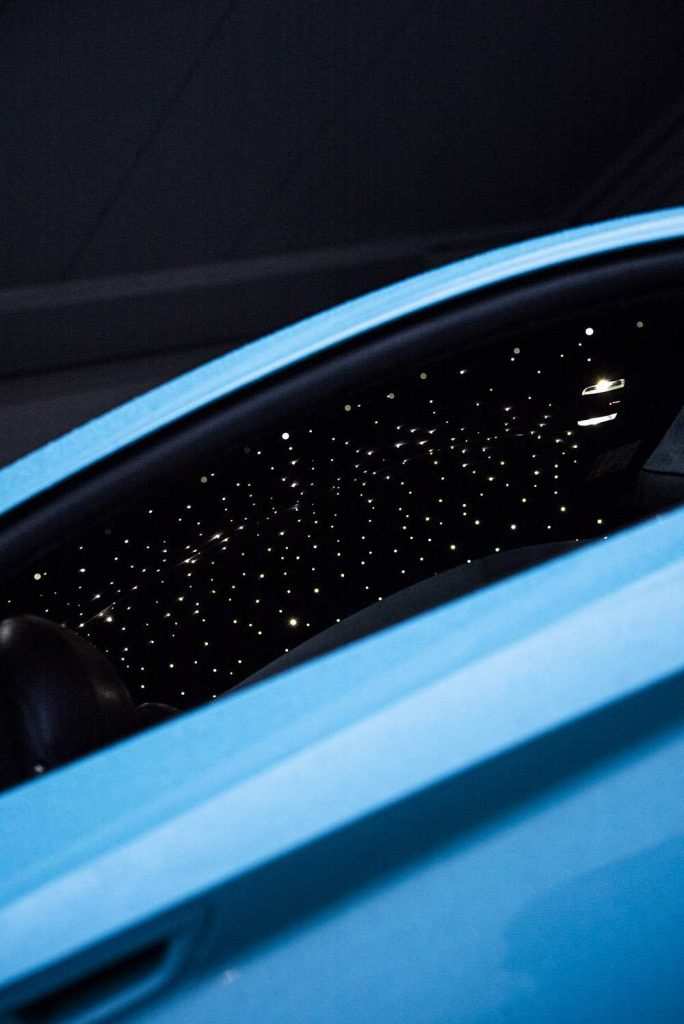 starlight headliner on a blue car interior